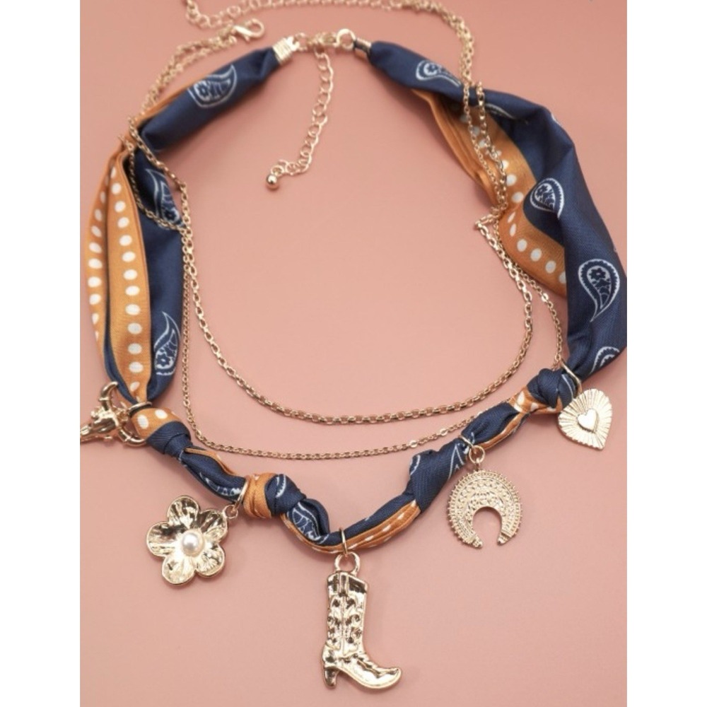 New! Multi Charm Scarf Necklace In Navy & Gold Boho Flower Boot Heart necklace